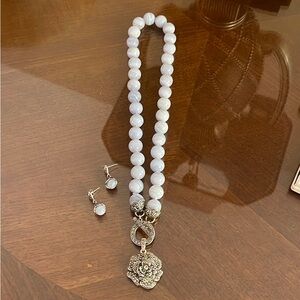 Sterling Silver With Marcasite & Blue Lace Agate Necklace, Enhancer, & Earrings